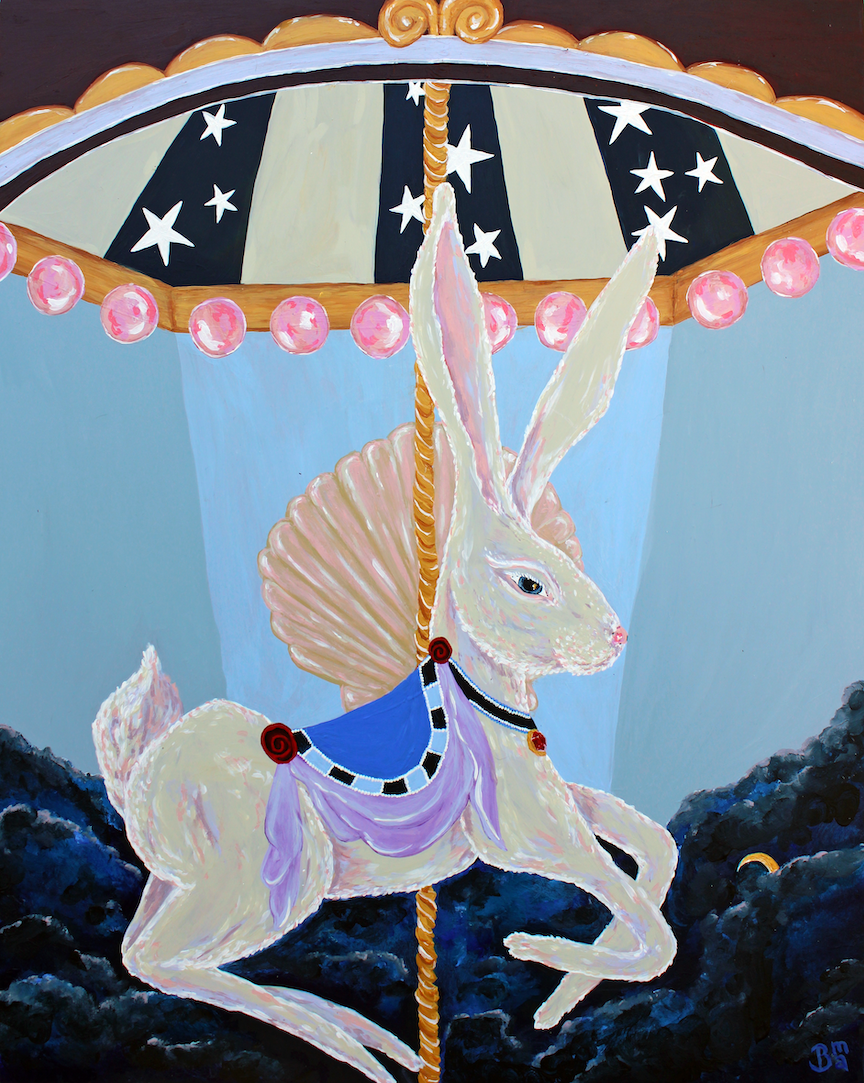 whimsical painting of white bunny carousel figure and a dreamy cloudy background
