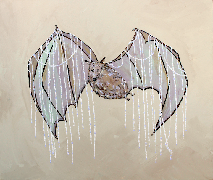 whimsical painting of bat its iridescent wings expanded and lots of pearls hanging from them