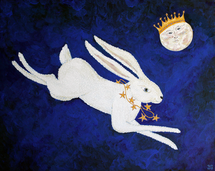 white rabbit wearing gold star necklace leaping through night sky and a full moon with a face and crown