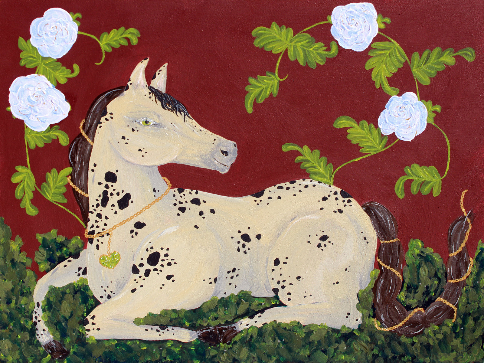Painting of a beige horse with black spots on a dark red background with flowers and greenery.