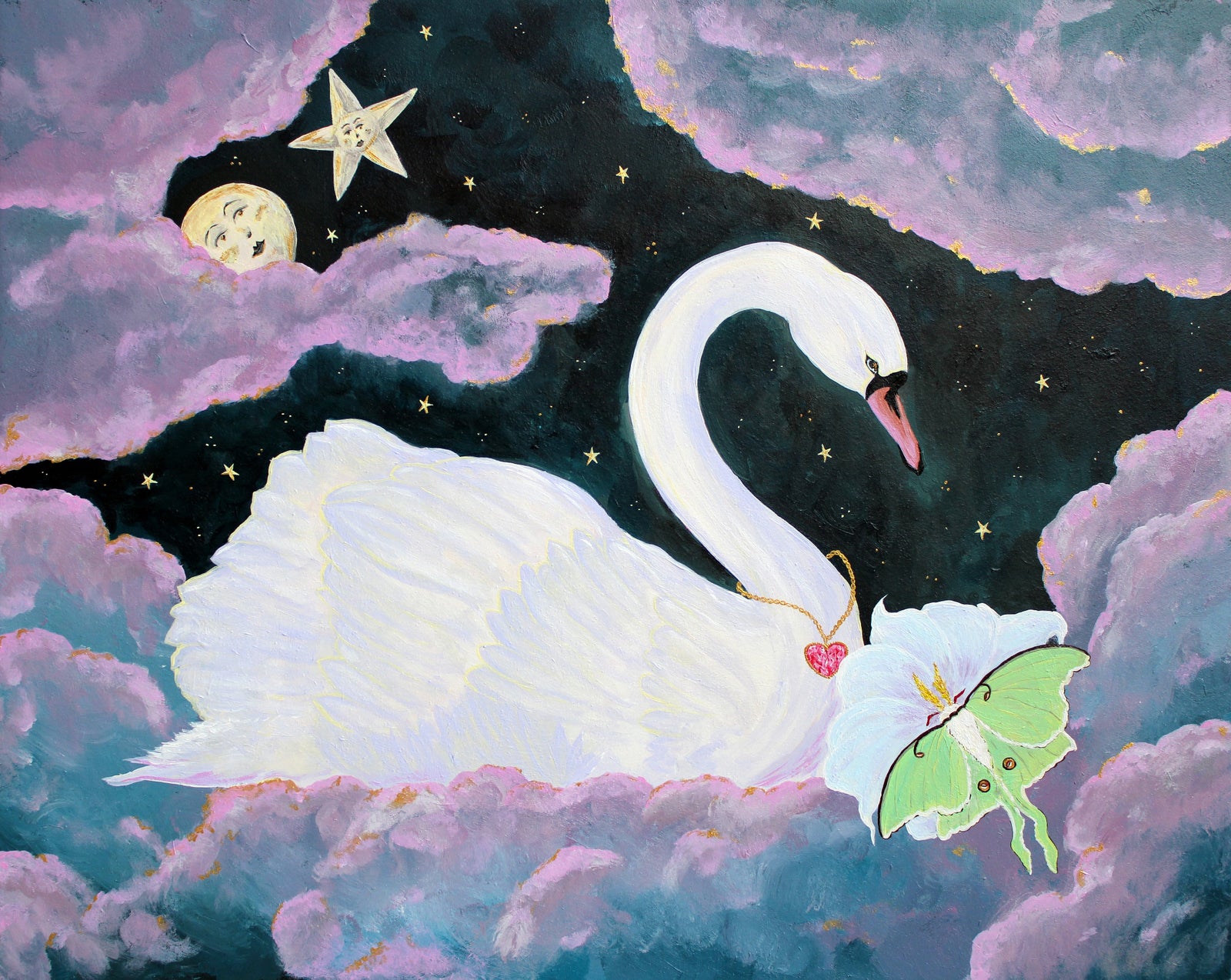 whimsical painting of white swan swimming through lavender clouds with a lunar moth and moon and star with faces