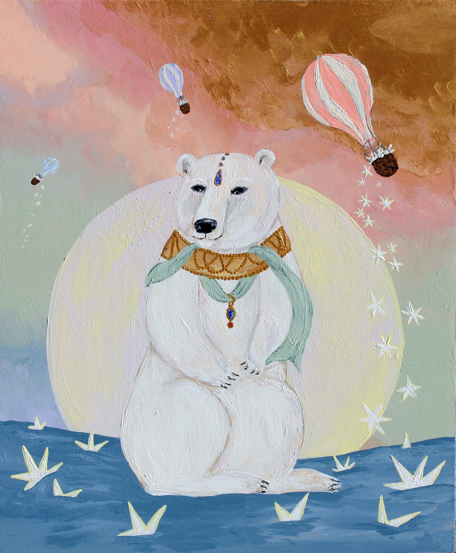 whimsical painting of polar bear wearing adornments and a colorful sky with hot air balloons dropping stars